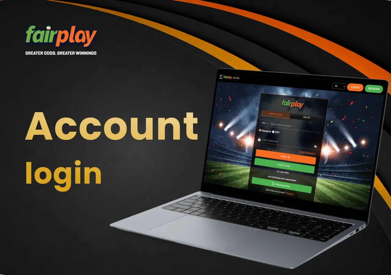 Laptop showing the FairPlay login page, the same account used in the Android app and on the mobile site.